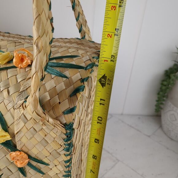 Vintage Large Woven Straw Raffia Bag Tote 1960s MCM Beach Floral - Picture 12 of 16